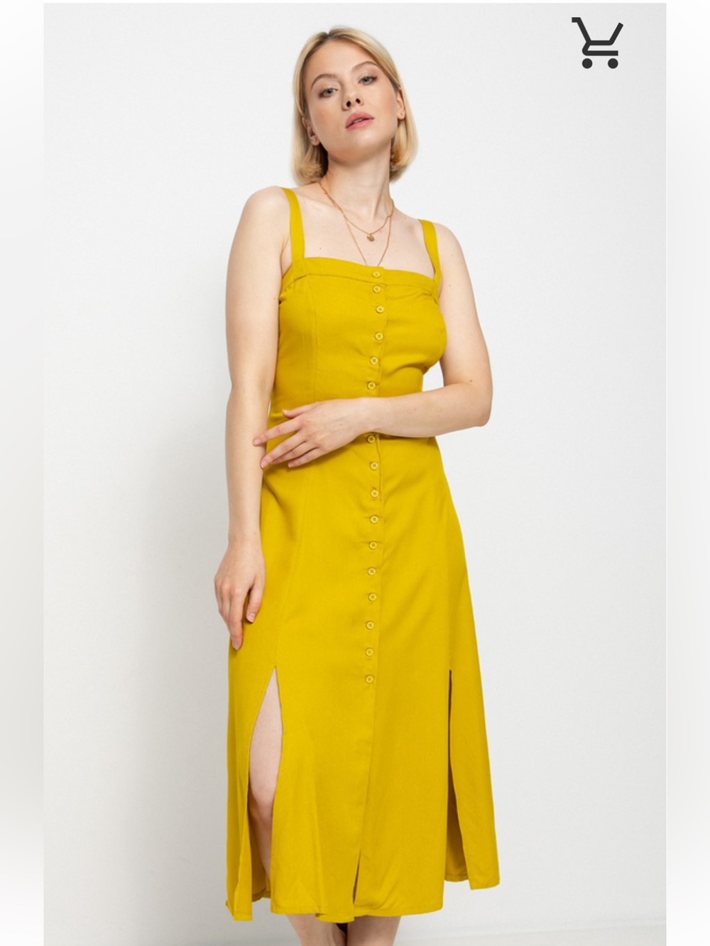 RVCA Jethro Yellow mustard Button-Front Midi Dress with Straps